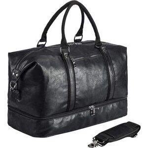 Leather Travel Bag with Shoe Pouch,Weekender Overnight Bag Waterproof PU Leather